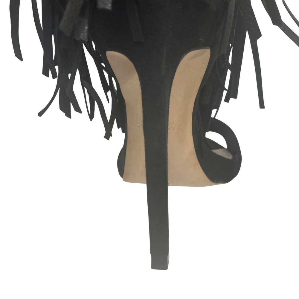 Zara Basic‎ Collection Black Suede Fringe Tassel Lace Up Stiletto Heels Size 38